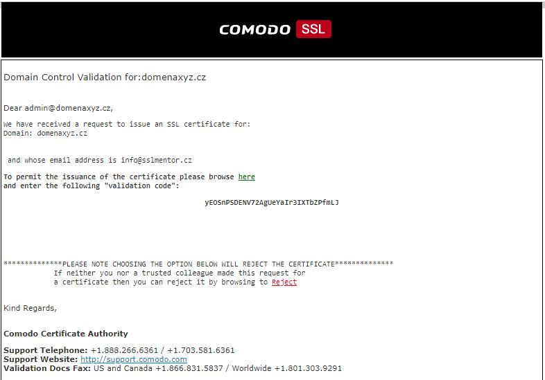 E-mail de validation DV de l'AC Comodo